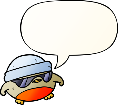 havalı noel robin çizgi filmi, güneş gözlüklü, konuşma baloncuklu bir insan tarafından çizilmiş.