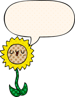 Bir insan tarafından çizilmiş çizgi roman tarzında konuşma baloncuğu olan karikatür çiçeği.