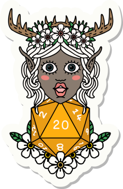 Bir insan tarafından çizilmiş nautral yirmilik zarlı bir Elf Druid karakterinin çıkartması.