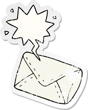 Konuşma baloncuğu olan karikatür zarfı bir insan tarafından çizilmiş sıkıntılı eski bir çıkartma