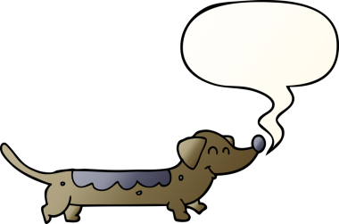 Bir insan tarafından çizilmiş, konuşma baloncuklu çizgi film köpeği.