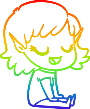 Gökkuşağı gradyan çizimi mutlu bir çizgi film kızı bir insan tarafından çizilmiş yerde oturuyor.