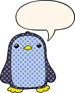 Bir insan tarafından çizilmiş çizgi roman tarzında konuşma balonu olan sevimli penguen.