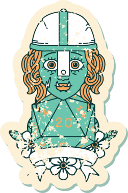 Retro Dövme Tarzı Yarı Ork Dövüşçüsü Bir insan tarafından çizilmiş doğal yirmi zar atışıyla