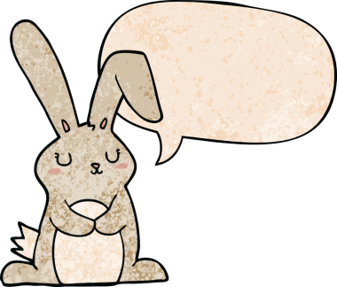 Konuşma baloncuklu çizgi film tavşanı insan tarafından çizilmiş.