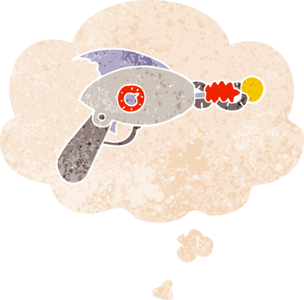 Düşünce baloncuklu karikatür ışın tabancası bir insan tarafından çizilmiş dertli retro desen tarzı