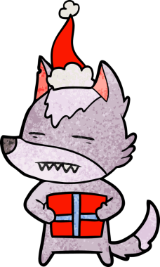 Bir insan tarafından çizilmiş Noel Baba şapkası takan bir kurdun el yapımı karikatürü.