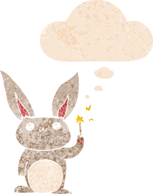 Homurdanan düşünce baloncuğu olan sevimli çizgi film tavşanı bir insan tarafından çizilmiş dertli retro tarzı.