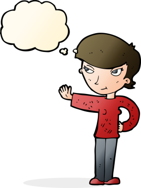 Bir insan tarafından çizilmiş düşünce baloncuğuyla el sallayan çizgi film kadını.