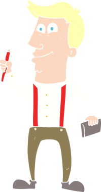 Bir insan tarafından çizilmiş not defteri ve kalemi olan bir adamın düz renk çizimi