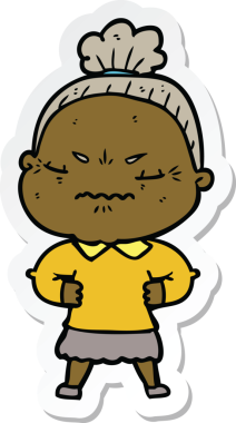 Çizgi film çıkartması. Bir insan tarafından çizilmiş yaşlı bir kadın.