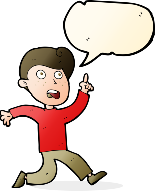 Bir insan tarafından çizilen konuşma baloncuğuyla panikleyen çizgi film çocuğu.