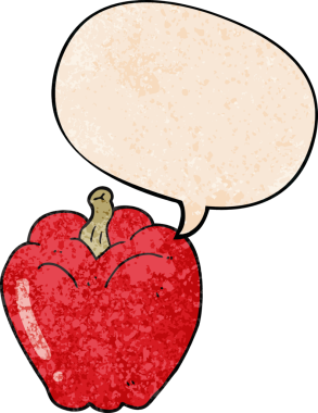 Konuşma baloncuklu karikatür biberi insan tarafından çizilmiş retro doku tarzı.