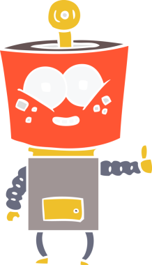 Mutlu düz renkli çizgi film robotu bir insan tarafından çizilmiş başparmaklar