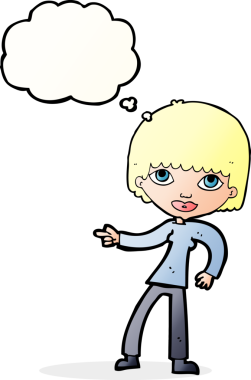 Bir insan tarafından çizilmiş düşünce balonuyla işaret eden çizgi film kadını.