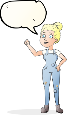 Bir insan tarafından çizilmiş tulumlu serbest konuşma balonu karikatürü kadın.