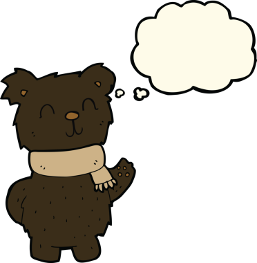 Bir insan tarafından çizilmiş düşünce balonlu siyah ayı sallayan çizgi film.