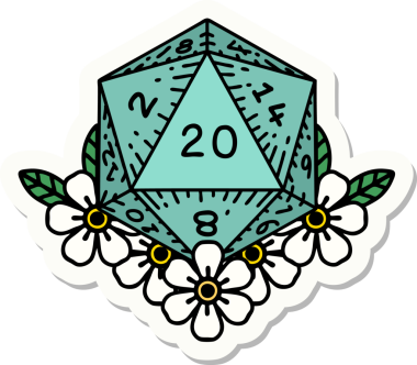 Bir insan tarafından çizilmiş 20 D20 zarının etiketi.