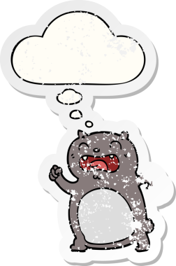 Düşünce baloncuğu olan çizgi film kedisi insan tarafından çizilmiş yıpranmış bir çıkartma.