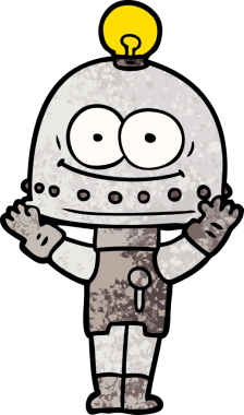 Bir insan tarafından çizilmiş ampullü mutlu karton robot.