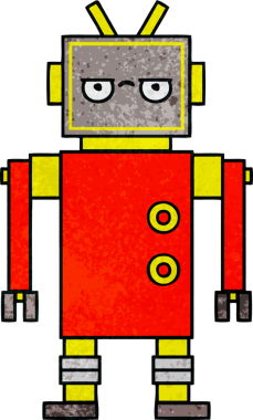 Bir insan tarafından çizilmiş rahatsız bir robotun retro grunge dokusu.