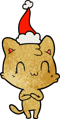 Bir insan tarafından çizilmiş Noel Baba şapkası takan mutlu bir kedinin el çizimi karikatürü.