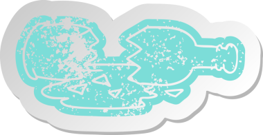 Bir insan tarafından çizilmiş kırık bir şişenin sıkıntılı eski çizgi film etiketi.