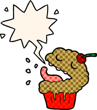 Bir insan tarafından çizilmiş komik çizgi roman tarzı konuşma baloncuklu kek.