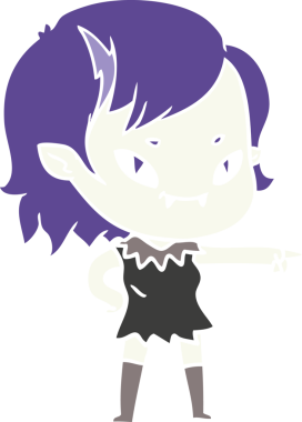 Bir insan tarafından çizilmiş düz renkli çizgi film arkadaş canlısı vampir kız.