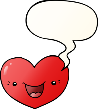 Çizgi film kalp karakterini sever. Konuşma baloncuğu, bir insan tarafından çizilmiş yumuşak bir gradyan tarzla.