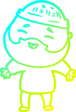 Bir insan tarafından çizilmiş, mutlu, sakallı, çizgi film karakteri.