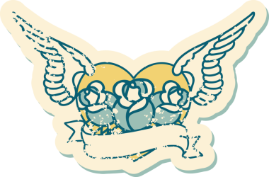 Bir insan tarafından çizilmiş çiçek ve pankartıyla uçan bir kalbin sembolik dövmeli resmi.