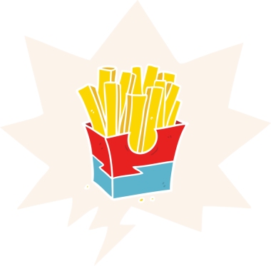 Çizgi film abur cubur kızartması. Konuşma baloncuğu insan tarafından çizilmiş.