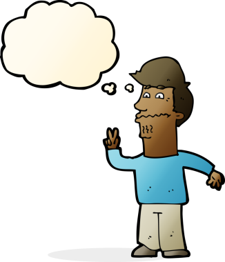 Bir insan tarafından çizilmiş düşünce baloncuğuyla barış işareti yapan çizgi film adamı.