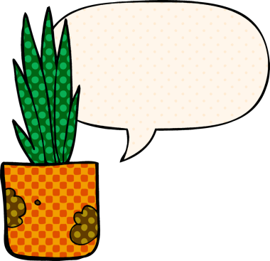 Bir insan tarafından çizilmiş, çizgi roman tarzında konuşma balonu olan bir çizgi film bitkisi.