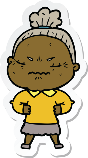 Çizgi film çıkartması. Bir insan tarafından çizilmiş yaşlı bir kadın.