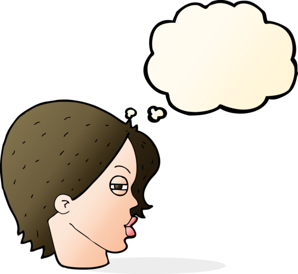 Bir insan tarafından çizilmiş düşünce baloncuğuyla gözlerini kısmış bir kadın yüzü.