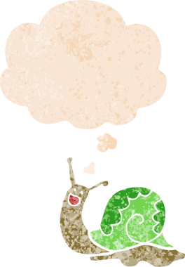 Tatlı çizgi film salyangozu. Düşünce baloncuğu ve grunge dertli retro desenli bir insan tarafından çizilmiş.