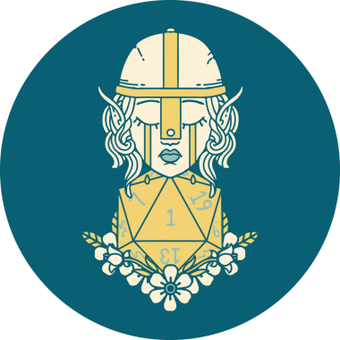 Bir insan tarafından çizilmiş doğal bir d20 rulo ile üzgün elf savaşçı karakteri ikonu