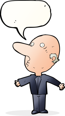 Bir insan tarafından çizilmiş konuşma balonuyla kafası karışmış orta yaşlı bir adam.