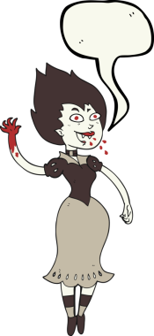 Bir insan tarafından çizilmiş serbest konuşma balonu karikatürü kan emen vampir kız.