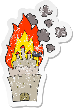 Bir insan tarafından çizilmiş yanan bir kalenin retro depresif çıkartması.