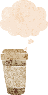 Düşünce baloncuklu çizgi film kahve fincanı grunge sıkıntılı retro dokuma tarzı bir insan tarafından çizilmiş