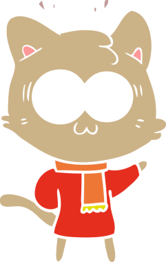 Düz renkli çizgi film. Şaşırmış kedi. Bir insan tarafından çizilmiş kalın kışlık giysiler giyiyor.