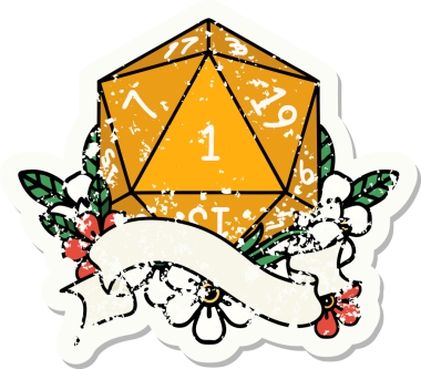 Bir insan tarafından çizilmiş doğal bir d20 zarının grunge çıkartması.