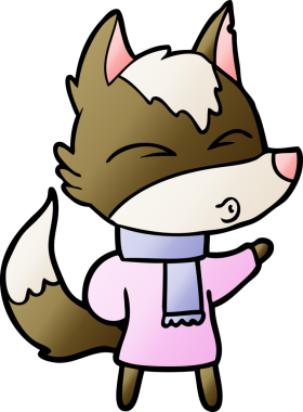 Bir insan tarafından çizilmiş kışın giydirilmiş kurt çizgi filmi.