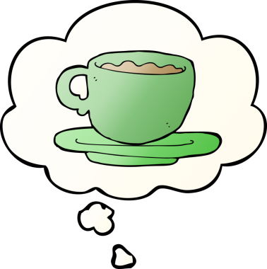 Bir insan tarafından çizilmiş yumuşak eğimli düşünce baloncuklu çay fincanı.