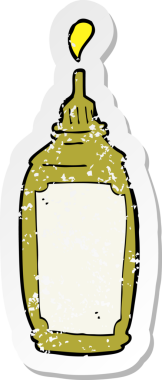 Bir insan tarafından çizilmiş hardal şişesinin retro sıkıntılı yapıştırması.