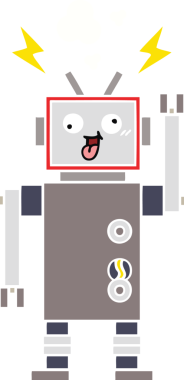 Bir insan tarafından çizilmiş çatlak bir robotun düz renkli retro karikatürü