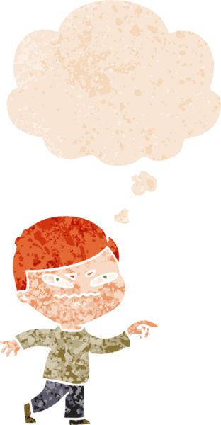 çizgi film kızgın adam grunge içinde düşünce baloncuğu ile işaret Bir insan tarafından çizilmiş sıkıntılı retro stil